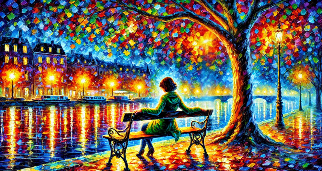 Reflections, woman sitting on a bench with lights reflecting on the river in front of the bench