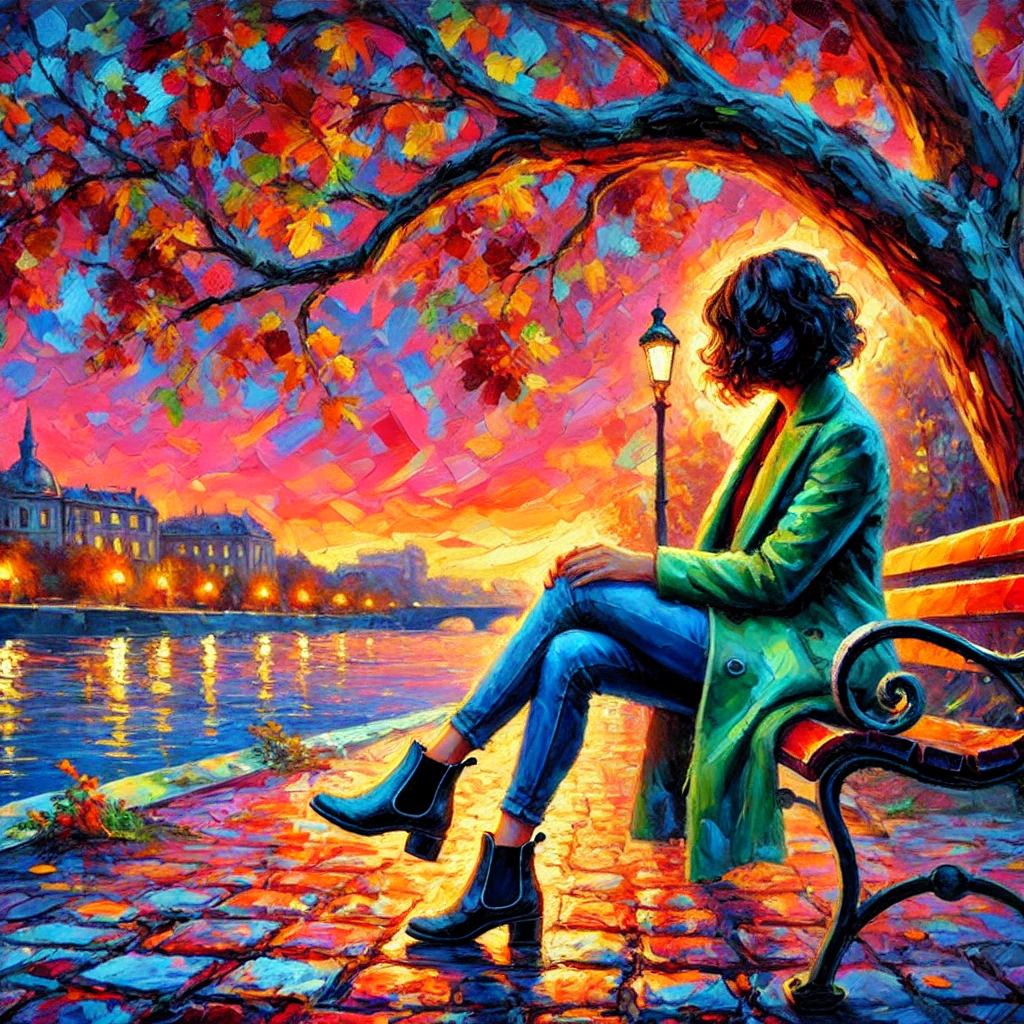 Image of a women sitting on a bench infront of a river